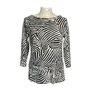 Chicos Cotton Black & White Zebra Print 3/4 Sleeve Round neck Pullover Top SzM
